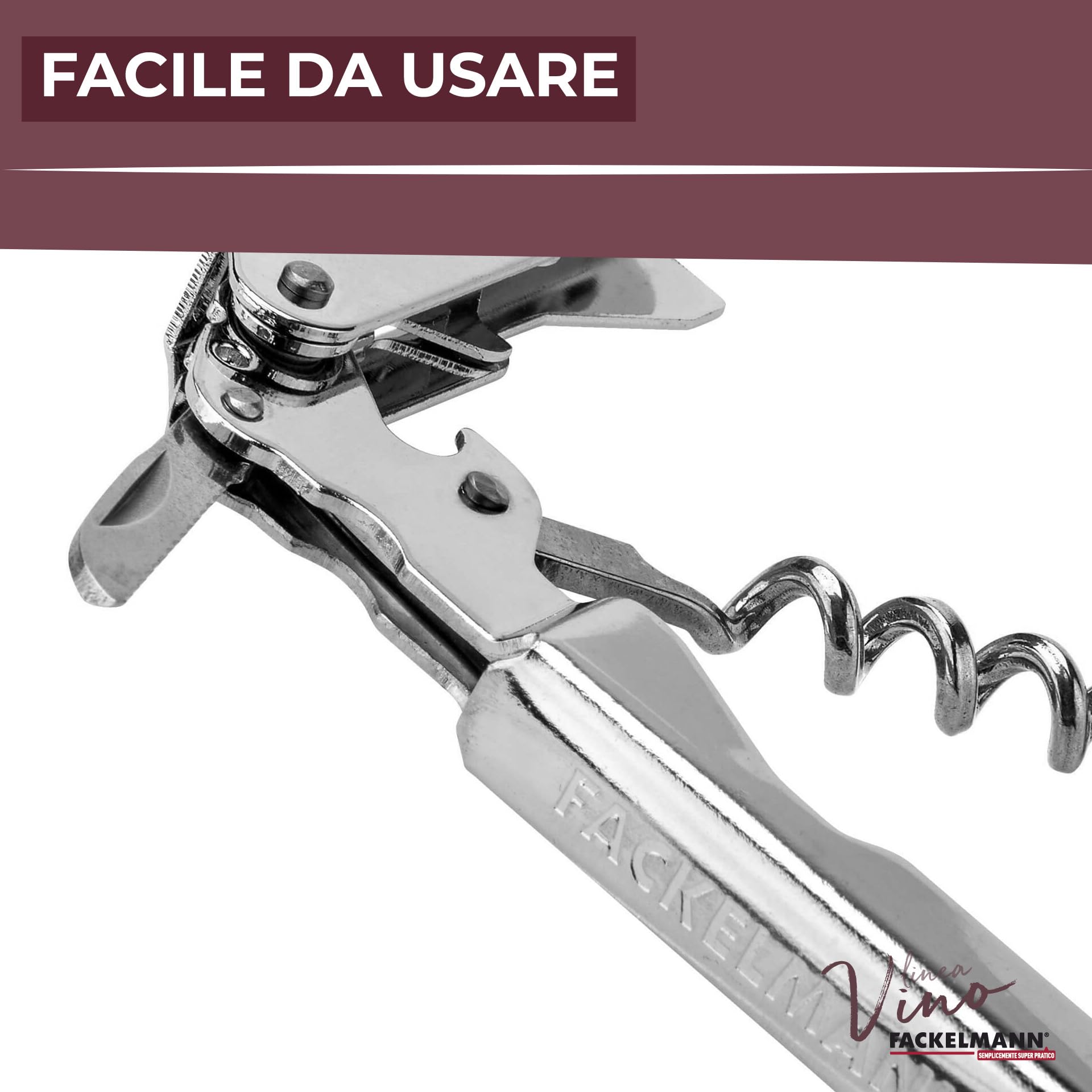 Fackelmann Super Cavatappi Sommelier con Lama Taglia Capsule, Acciaio Inox, Argento