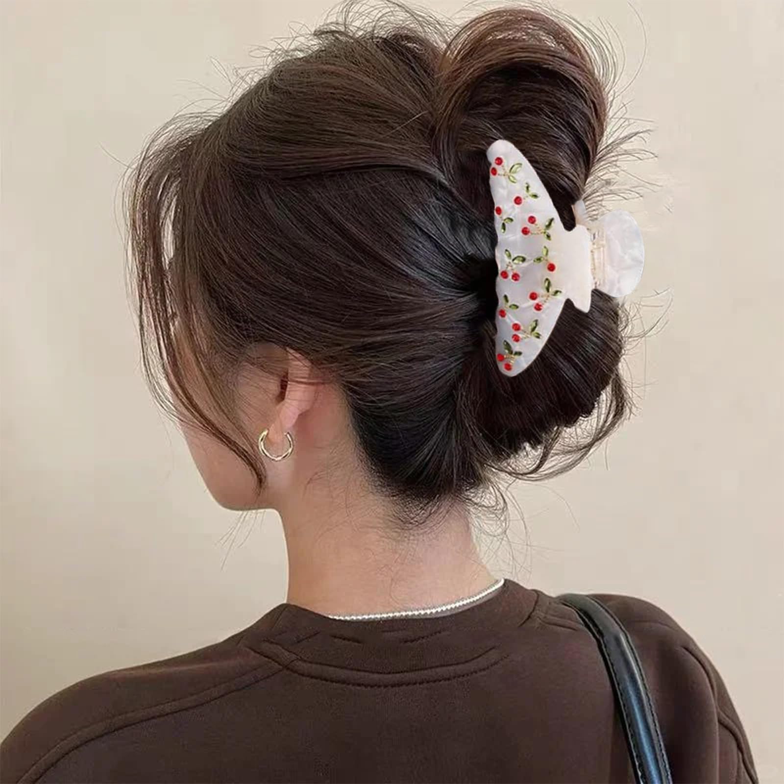 FENGCHUANG Claw Clips for Women 3.5'' Medium Claw Clips White Cherry Hair Clip with Red Rhinestones Non-Slip Hair Jaw Clips for Thick Fine Hair - Image 4