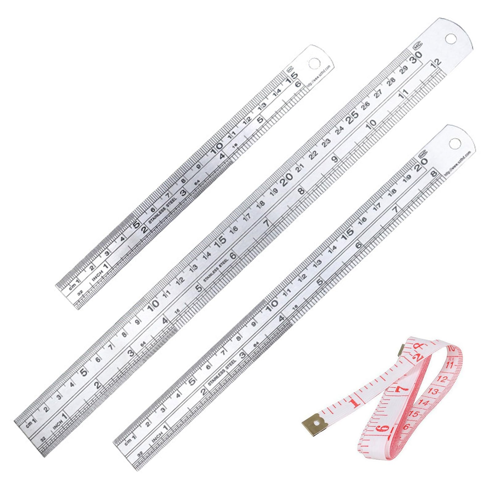 STAYOUNG 4PCS Stainless Steel Ruler Kit, Includes 1* Cloth Ruler, 6/8/12/15 Inch, Metric And Imperial, Clear Scale, Suitable For Home, School, Office, Factory