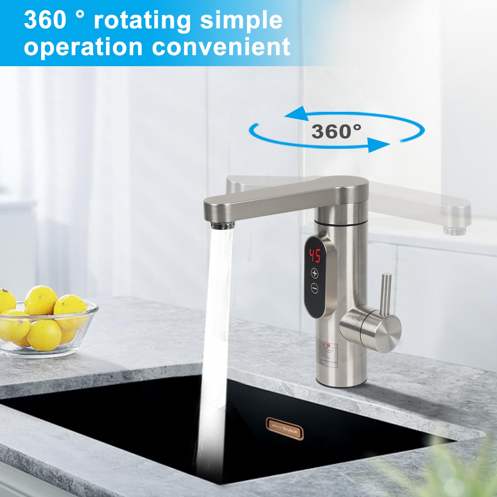 Instant Hot Water Tap, 3300W Electric Hot Water Faucet, Stainless Steel Electric Water Heater Tap, 360° Rotatable - Image 2