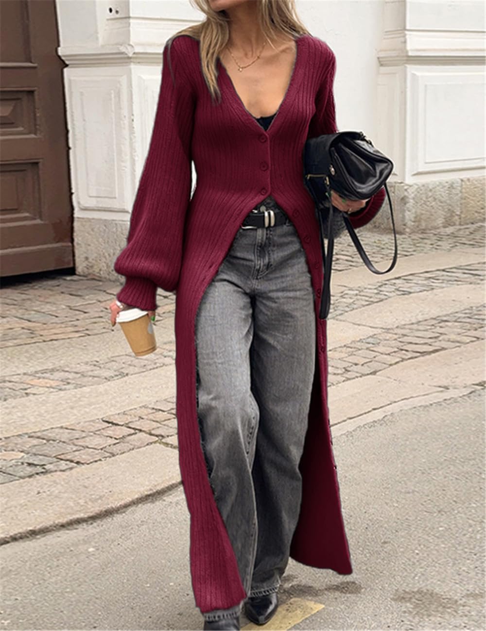 Women's 2025 Trendy V-Neck Button Down Long Cardigans, Chunky Knit Fall Maxi Coat Sweater Dress - Image 7