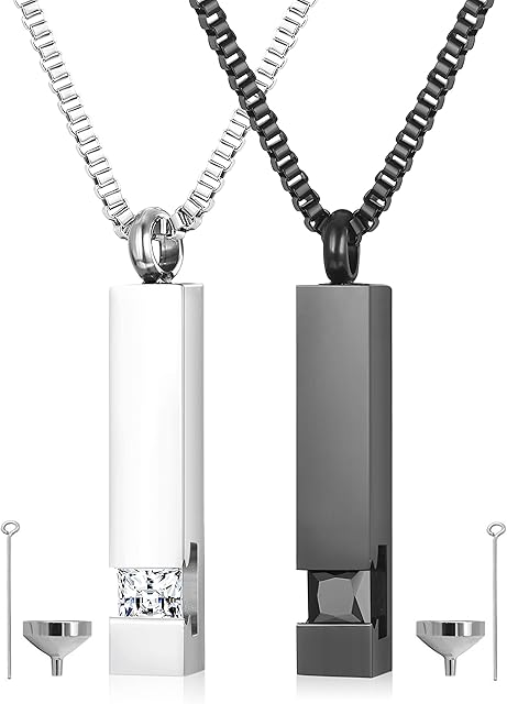 MILACOLATO 2 pcs Cremation Urn Pendant Necklace for Memorial Black Stainless Steel with CZ Necklace Ashes Jewelry Keepsakes