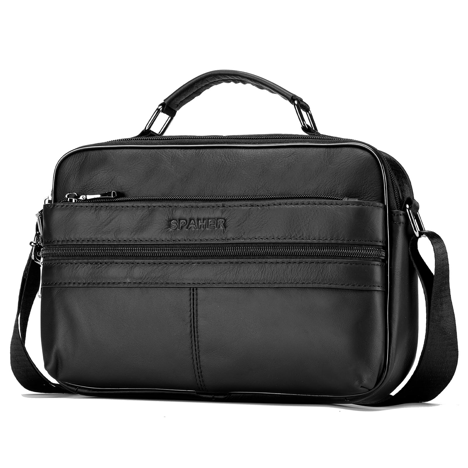 SPAHER Umhängetasche Leder Herren Herrentasche Schultertasche Echtes Leder Messenger Bags Handgelenktasche Herren Schultertasche Crossbody Bag Geschenk für Männer Schwarz