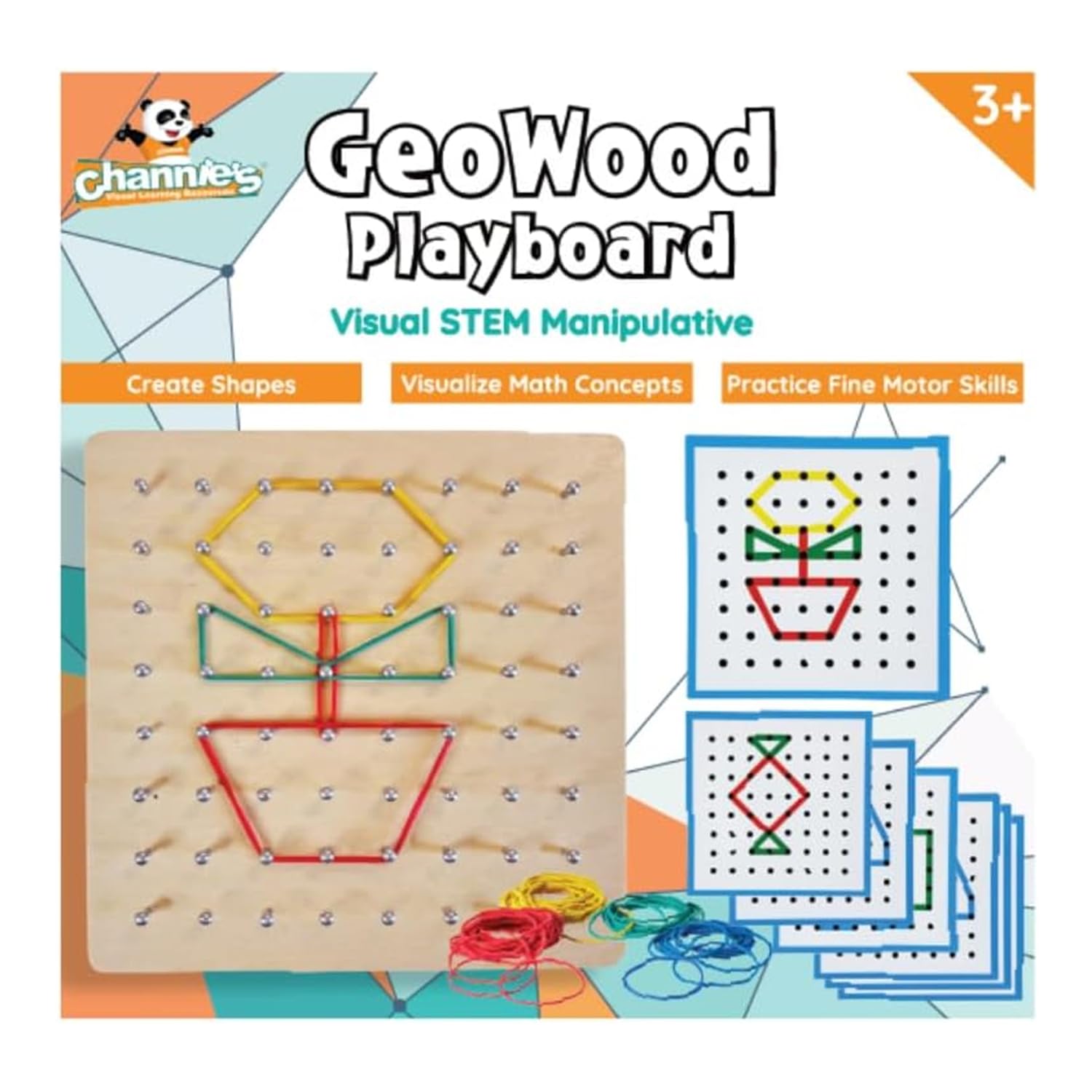 Channie's Wooden Geoboard with Rubber Bands - Visual STEM Manipulative, GeoWood Playboard for Classroom, Geo Boards for Kids are Ideal for Shapes, Symmetry, Angles, Area, and Fractions