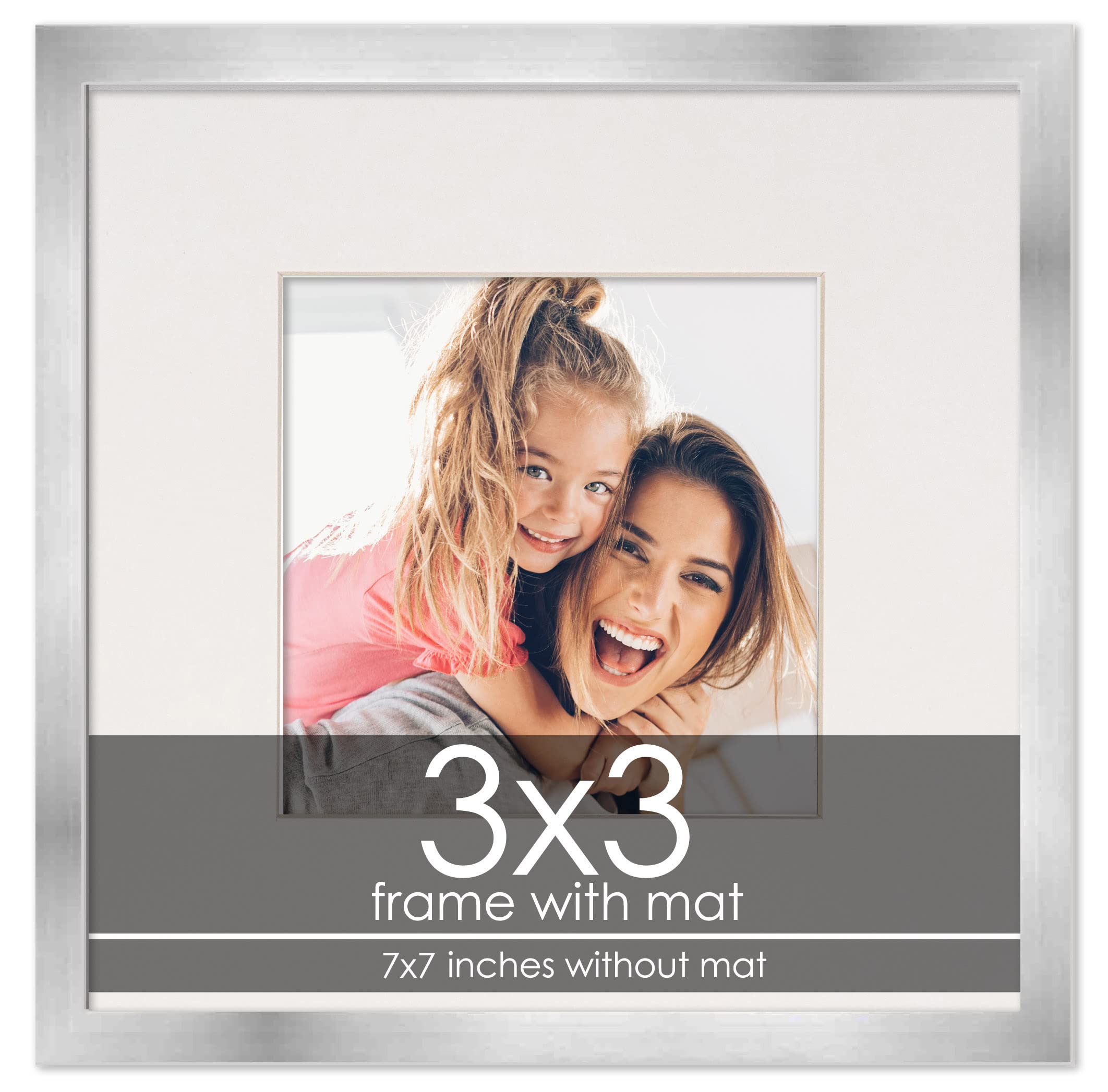 3x3 Frame with Mat - Silver 7x7 Frame Wood Made to Display Print or Poster Measuring 3 x 3 Inches with White Photo Mat-image-5