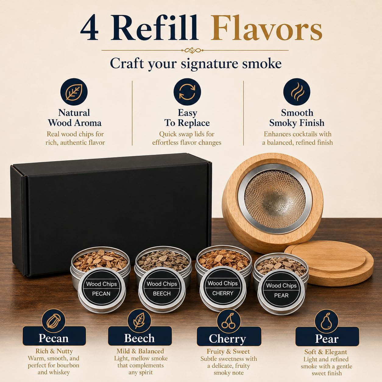 Unique for Whiskey Lover, 4 Wood Chips – Infuse Rich Smoky Flavors in Bourbon Old Fashioned & Cocktails