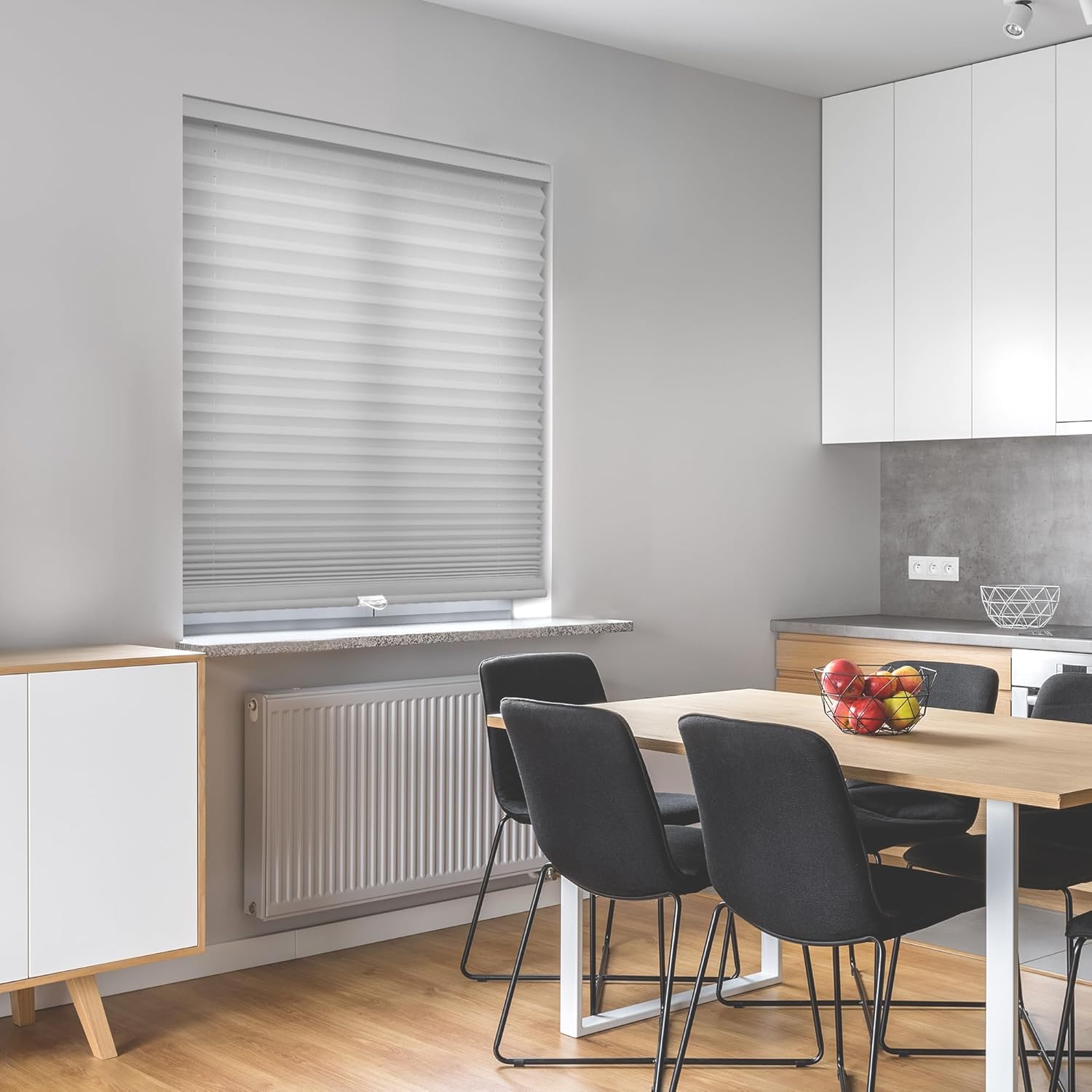 DEZ FURNISHINGS EZ Stick No Drill No Tools Cordless 1" Light Filtering Pleated Shade, 24" W x 64" H, Silver Gray