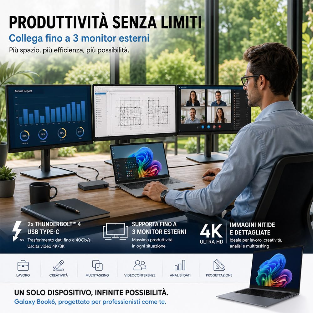 Samsung Galaxy Book6 Copilot+ Laptop 32Gb, Intel Core Ultra 7 355 16" WUXGA | Ram 32GB DDR5, SSD Pci 512Gb, Tastiera retroilluminata e fingerprint, Win 11 Pro, 3 Anni di garanzia Italiana dall'acquisto