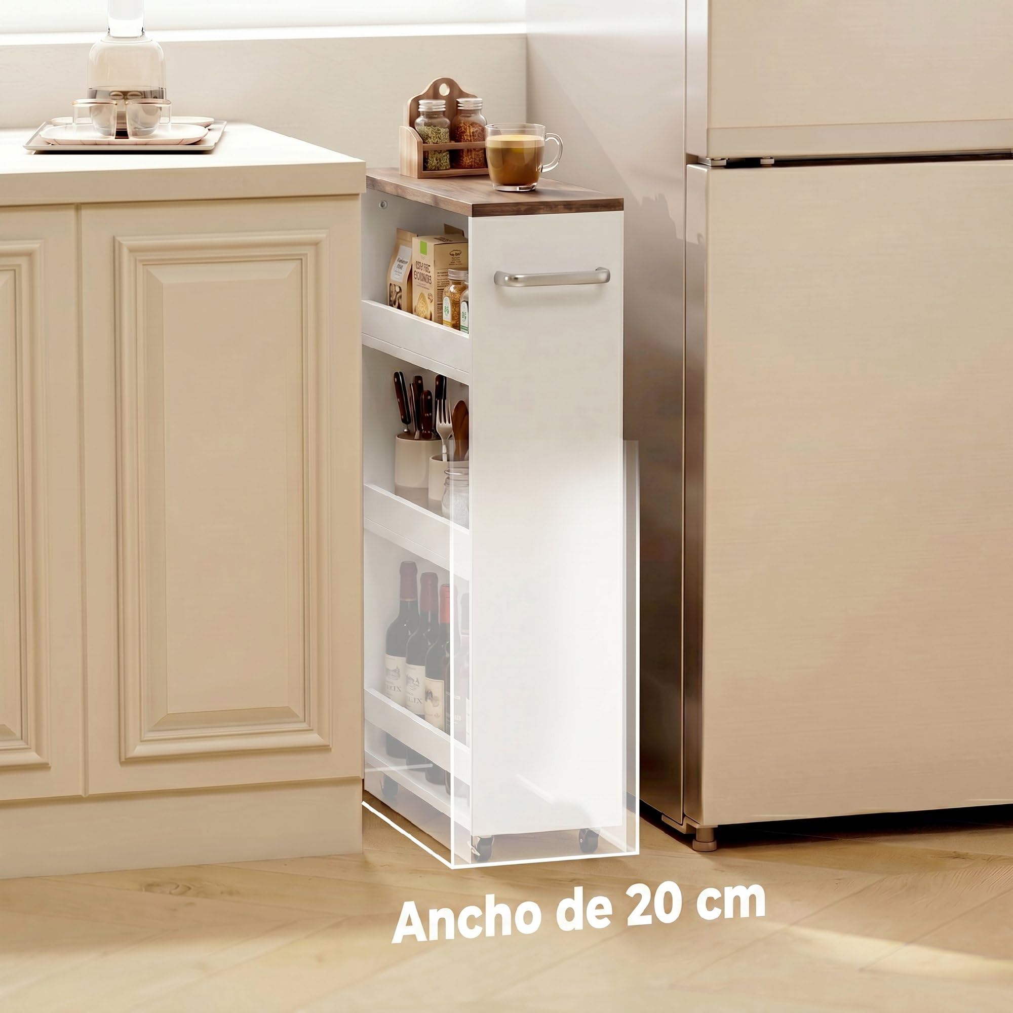 HOMCOM Carrito de Cocina Estrecho 3 Niveles con Ruedas 40x20x84 cm Blanco | Asa Lateral, Carro de Cocina Rodante, para Espacios Reducidos, Comedor o Salón