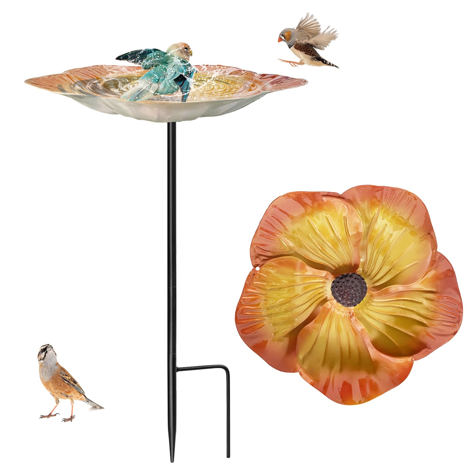 Bird Bath For Garden, Freestanding Bird Feeder Baths Bowl for Outdoor, Metal Bird Bath Bowl, Detachable Outdoor Birdbaths Supports with Sturdy Metal Stake, for Garden Patio Yard Lawn(Orange)