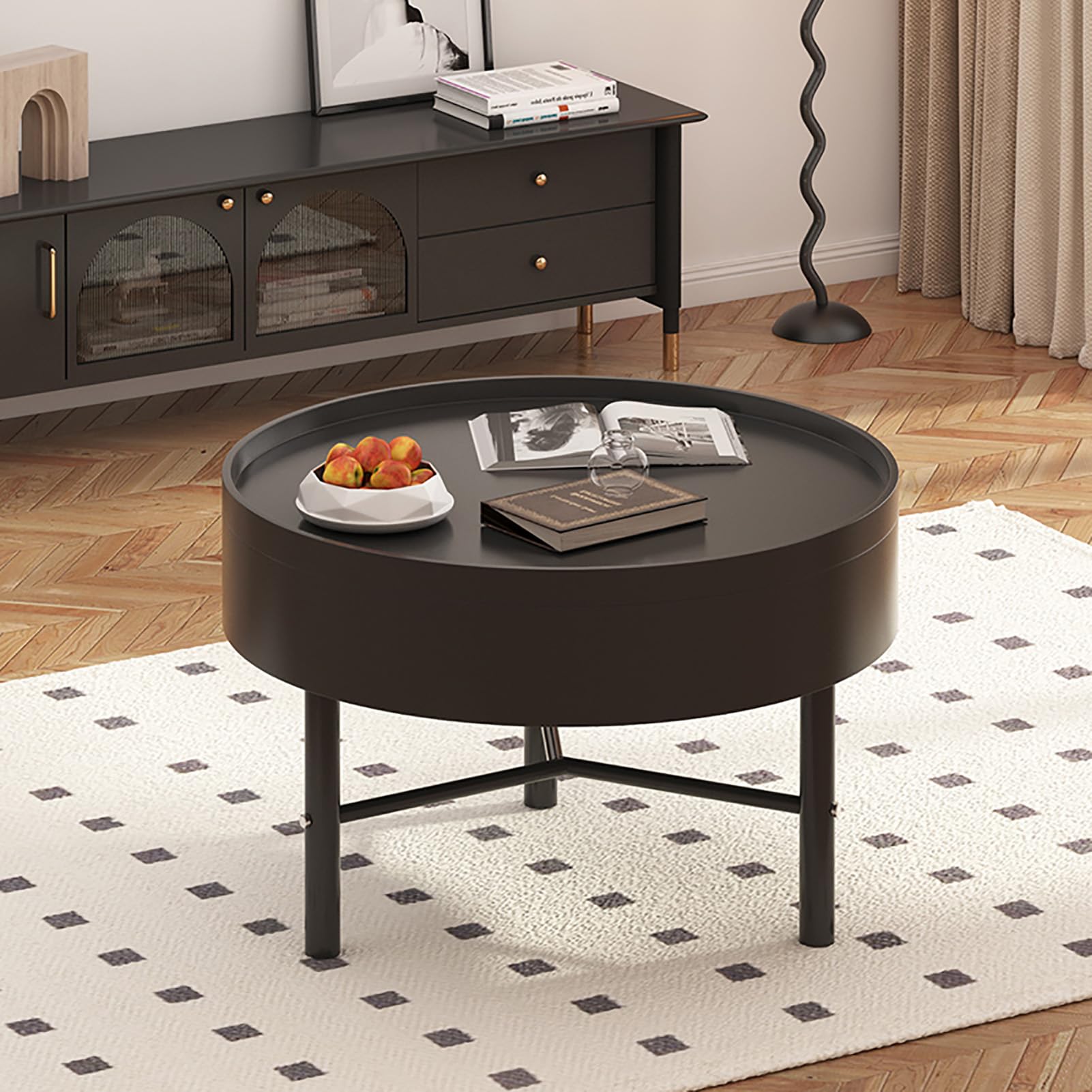 Table basse ronde avec rangement caché et couvercle rotatif en bois pour salon