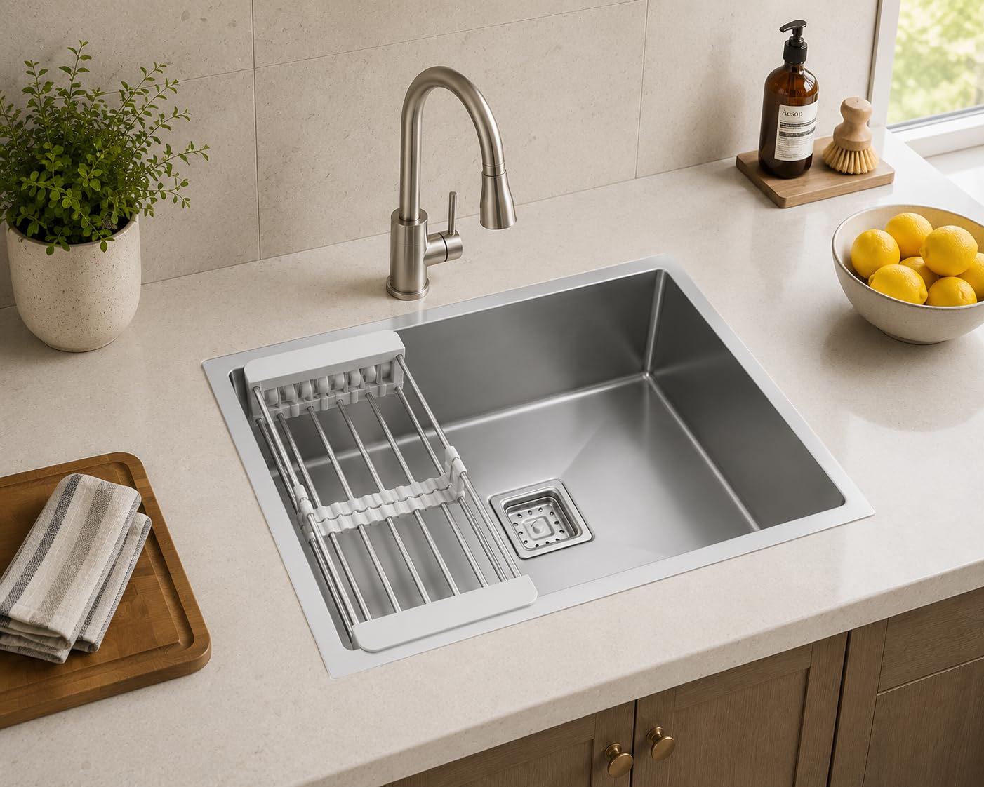 Handmade Stainless Steel Kitchen Sink 24x18 Inch | Deep Single Bowl with Fruit Drain Basket | With SS Waste Coupling & PVC Pipe | Premium Heavy Gauge Sink-image-19