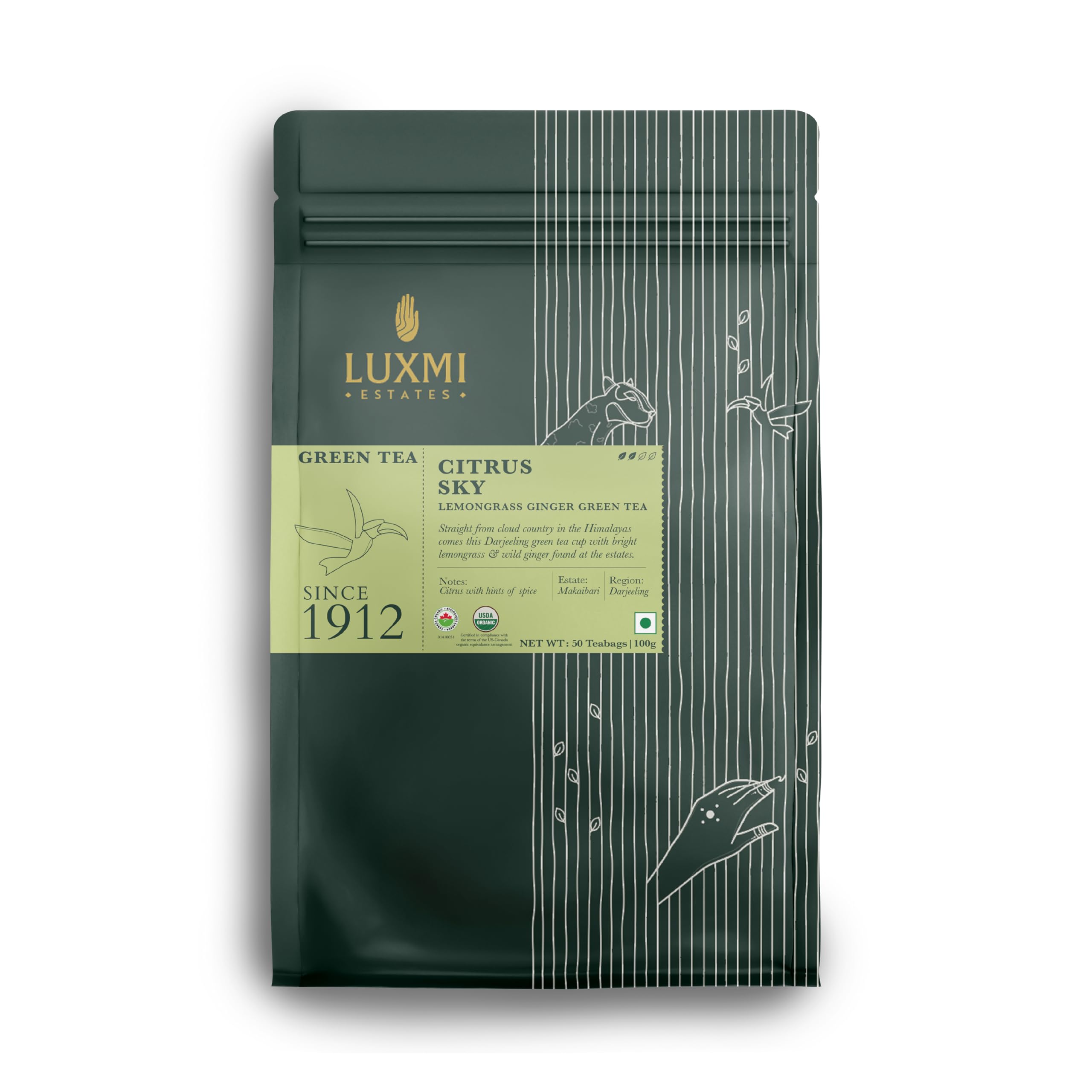 Luxmi Estates Citrus Sky Lemongrass Ginger Green Tea 50 Tea Bags (100g) Pack | Certified Organic Darjeeling Green Tea | Natural Lemon Balm Tea - Calming, Supports Digestion | 50 Cups Bulk Pack Lemongrass Ginger Green 50 Tea Bags