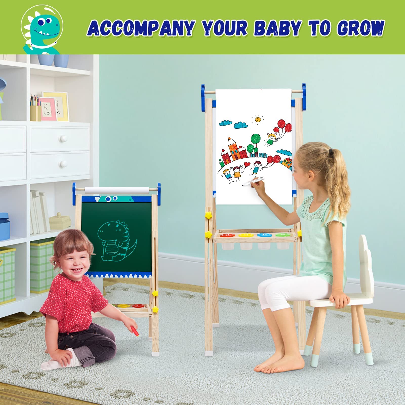 Kinder Spiel-Tafel aus Holz| Faltbare Doppelseitige Kunststaffelei für Whiteboard und Kreidetafel|höhenverstellbar mit Papierrolle, Kreidetafel, Whiteboard, Stift, Reichhaltige Accessoires