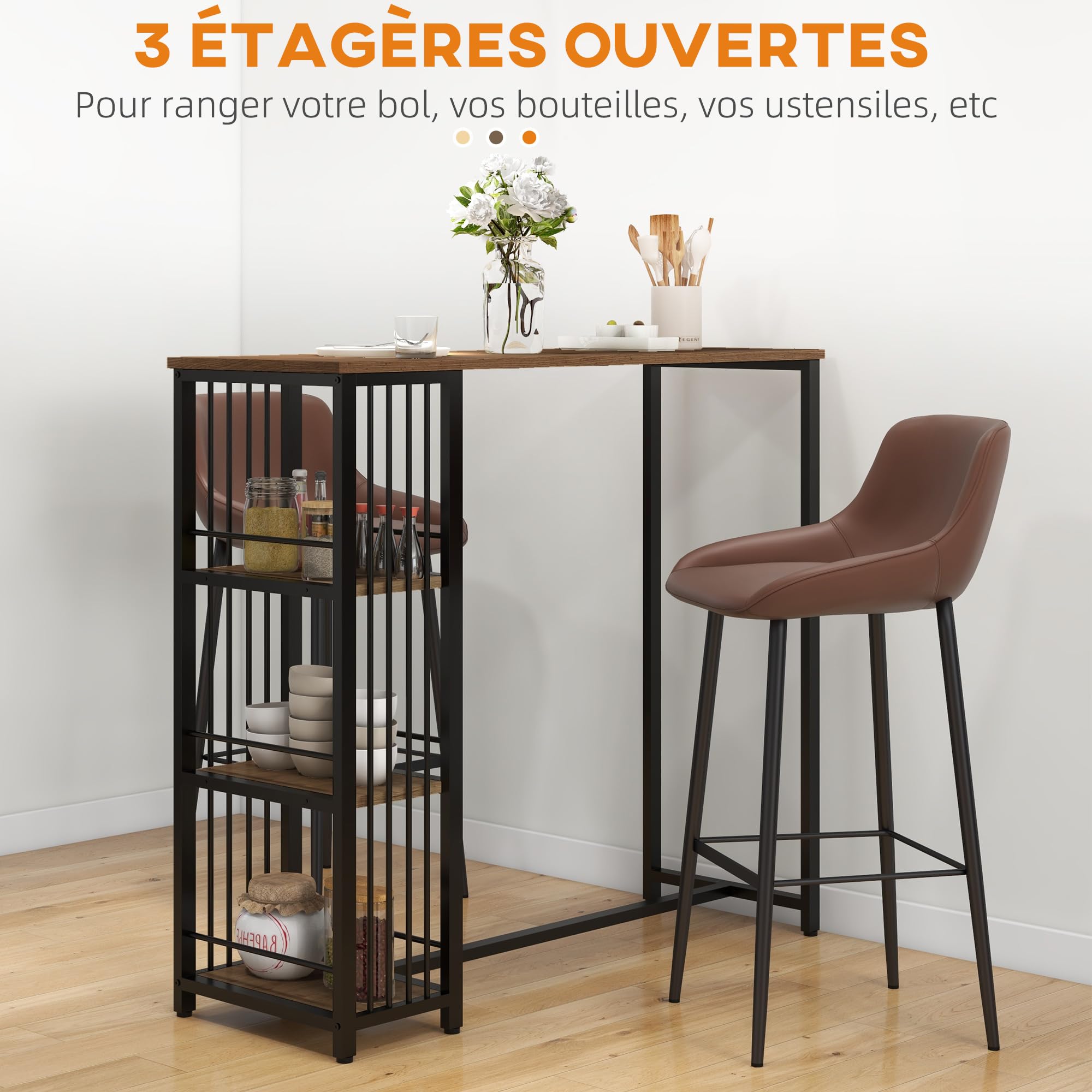 HOMCOM Table de Bar Table Haute de Cuisine Mange-Debout avec étagères - 120 x 40 x 105 cm - piètement Acier Noir Marron