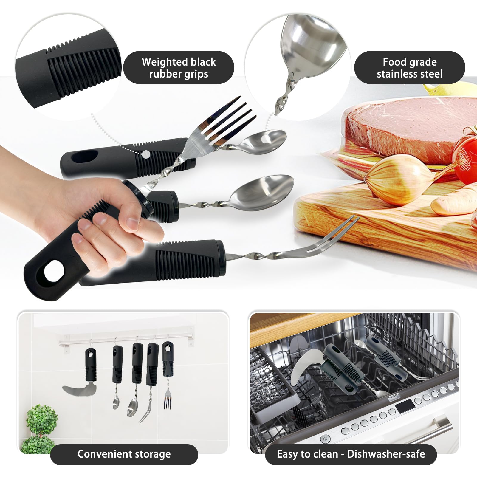 Daily Treasures Set de 5 Couverts Adaptés, Couteau à Steak Vertical & Fourchettes/Cuillères Orientables 180°pour Mains Atteintes de Parkinson, Tremblements, Arthrite, Personnes Âgées et Adultes (Noir)