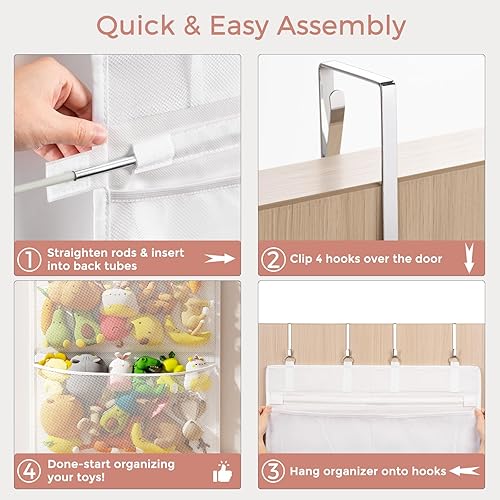 Miniatura 5 de Criusia Almacenamiento de animales de peluche, organizador sobre la puerta con 4 bolsillos de malla, organizadores de juguetes y almacenamiento para