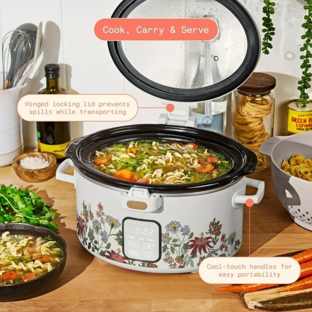 Wonderful 4 Qt Digital Slow Cooker Electric Cooker Pot with Automatic Warm & Hinged Locking Lid, Non-Skid Feet, Cook and Carry Kitchen Appliances (WIldflower White)