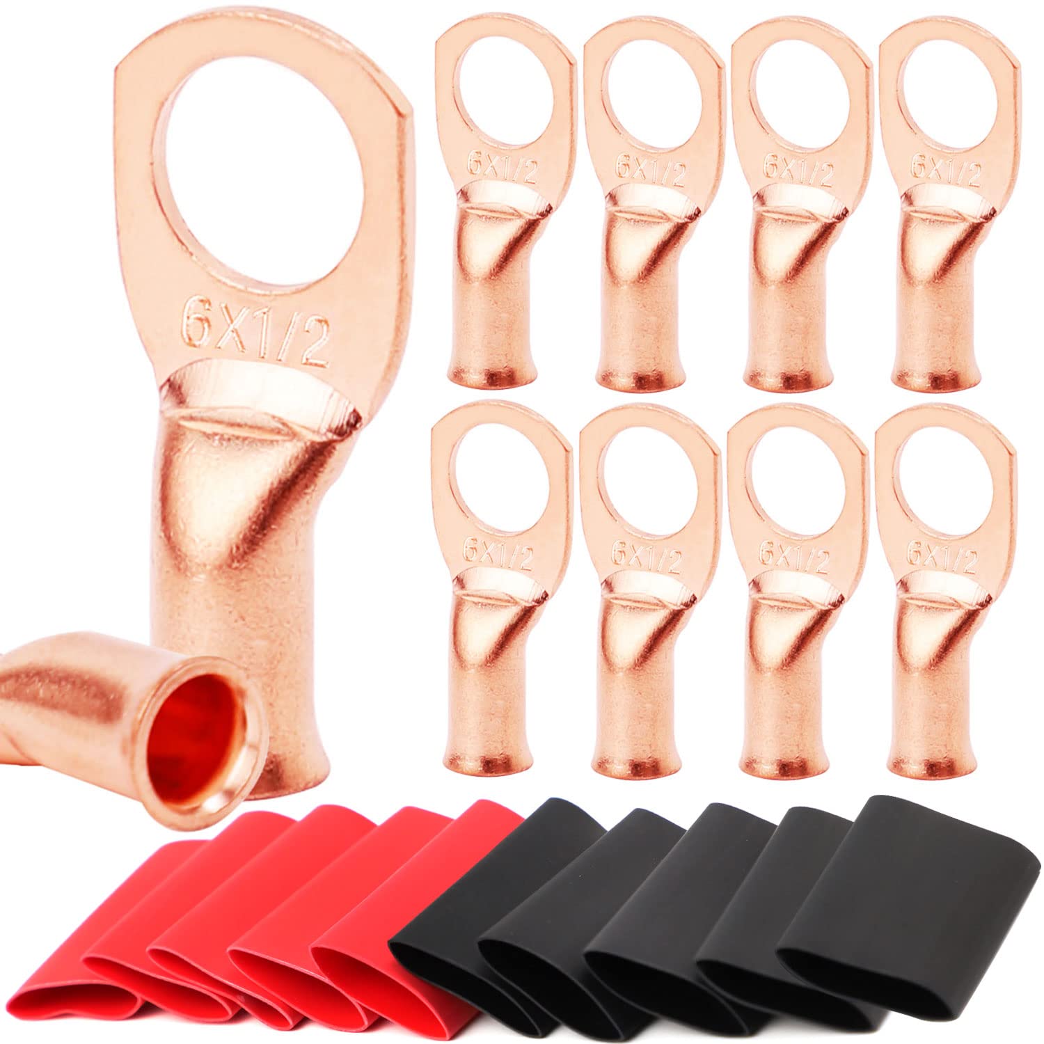 TKDMR 10pcs 6 AWG-1/2 Battery Lugs,Heavy Duty Wire Lugs,Ring Terminals,Battery Cable Ends,0 Guage terminals,Battery Terminal Connectors with 10pcs 3:1