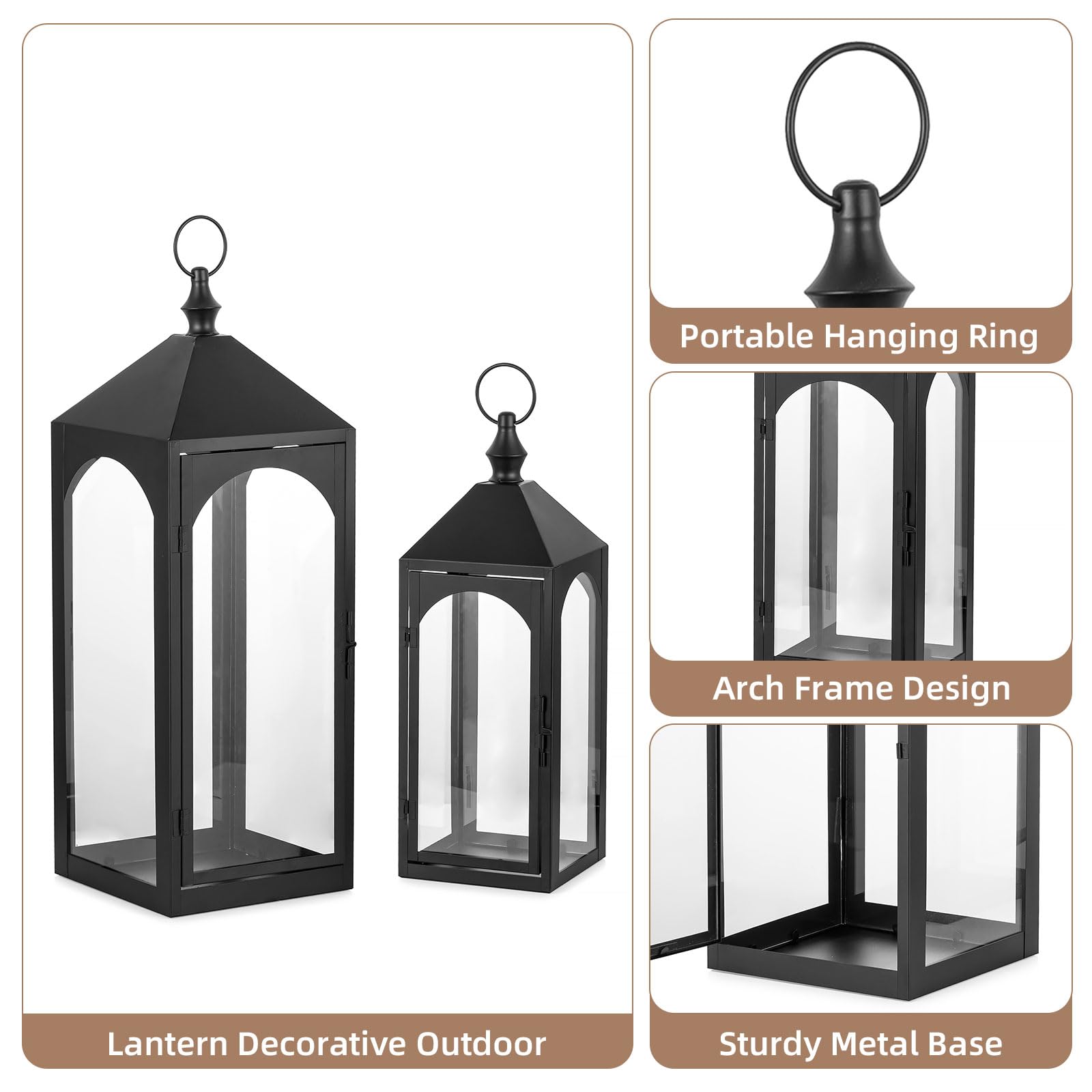 Lanterne per esterni, grande: 43/59 cm, set da 2 lanterne antivento per esterni, resistenti alle intemperie, come decorazione per balcone, giardino, nero, XXL, da giardino