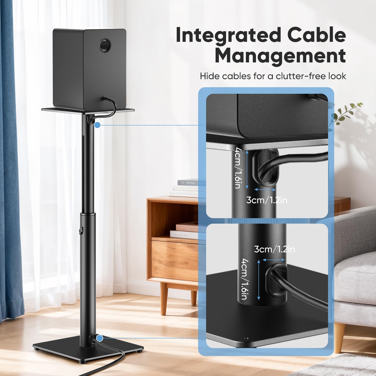Soportes para Altavoces, Juego de 2 Soportes universales de Suelo para Altavoces de Sonido Envolvente, Altura Ajustable, Capacidad de 15 kg Cada uno, gestión de Cables, fácil Montaje, Antideslizantes