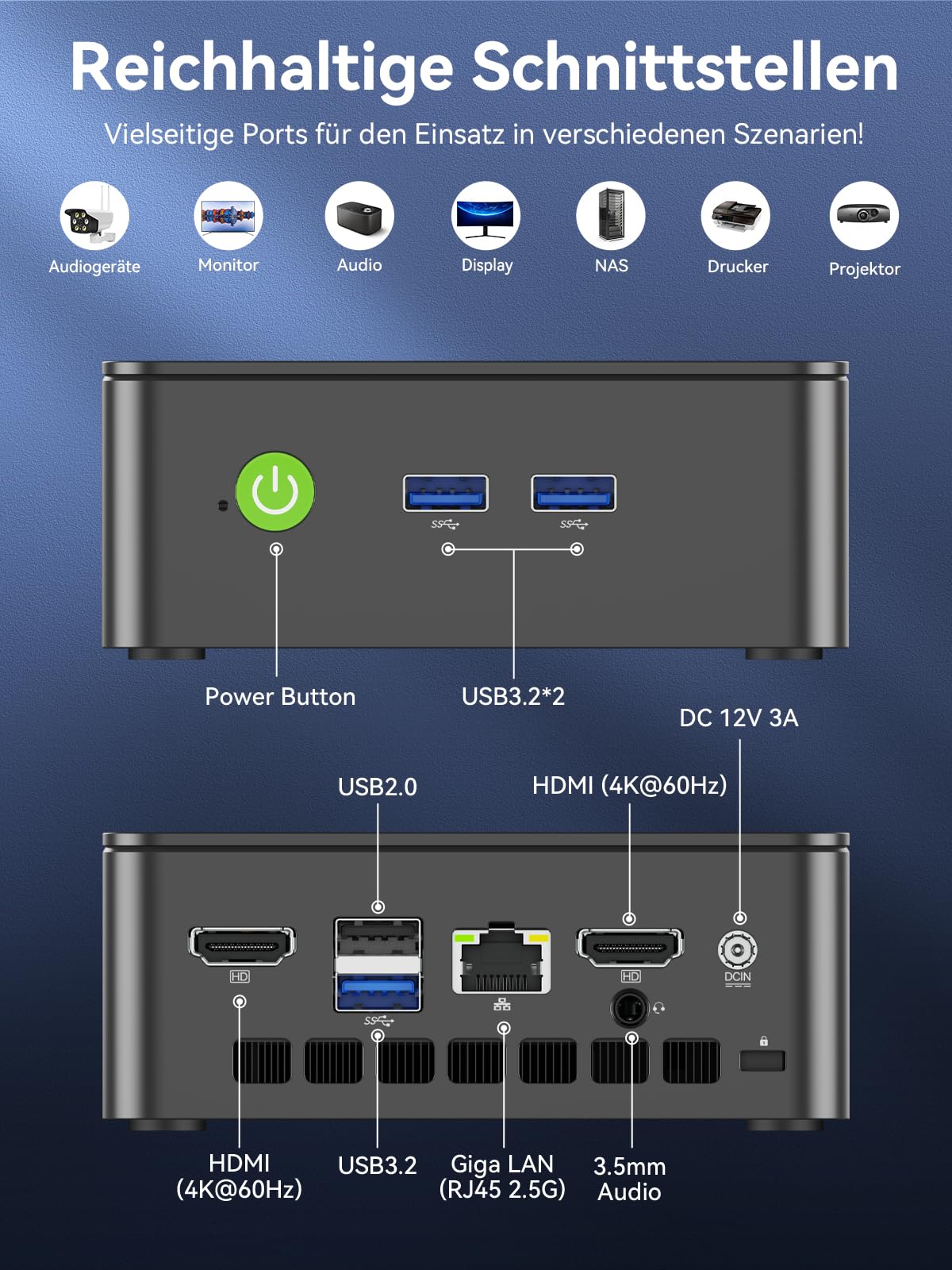 GMKtec N95 Mini PC Intel 3.4GHz, 3 Jahre Produktschutz, 8GB DDR4 2666MHz RAM 256GB M.2 SSD, G3S Mini Computer 3X USB3.2/4K Dual HDMI/WiFi 5 BT5.0/RJ45 Ethernet, Micro PC für Business/Heimkino/Schule