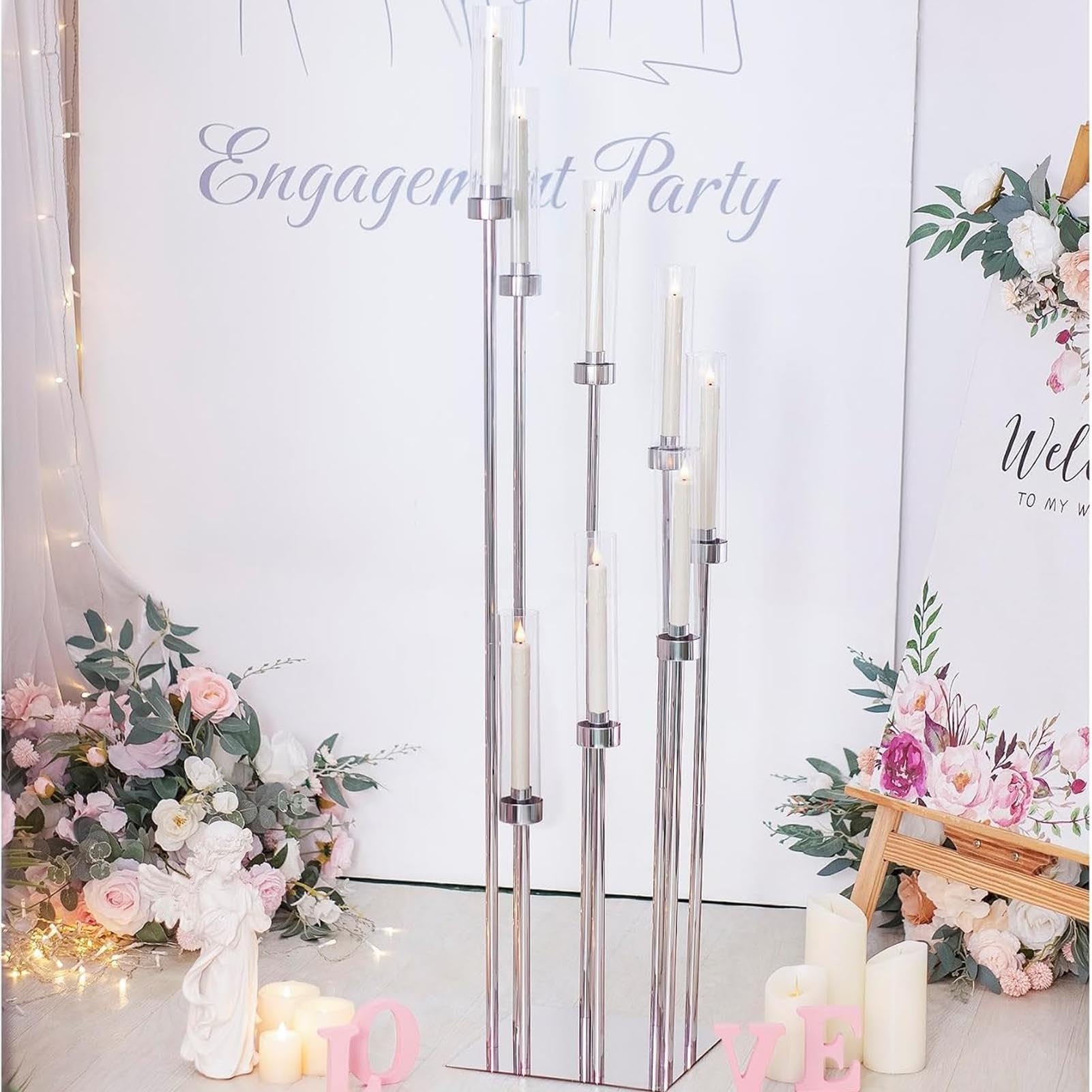 Portavelas De Pie con Pantalla Acrílica, Candelabro De Acrílico De 125 Cm De Altura para Velas LED Cónicas, Centro De Mesa para Bodas, Fiestas, Eventos, Recepciones Y Decoración del Hogar(Silver)