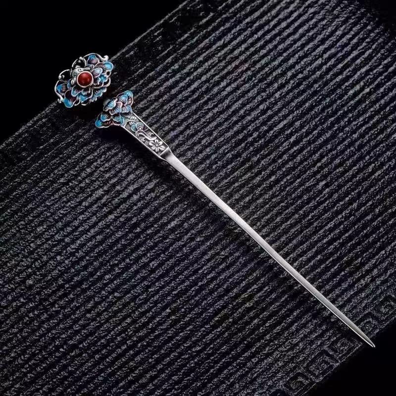 Rabithenn S925 Silver RUYI Shape with Red Pearl Hairpin Chinese hanfu Style Hair Sticks Handmade Hair Clip Hair Accessories for Women Girls Long Hair