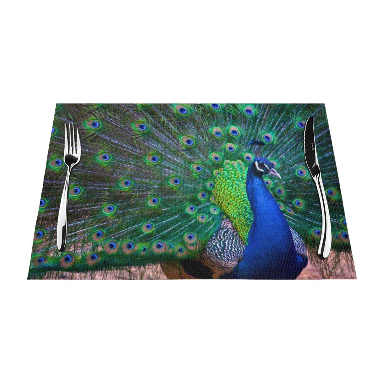 Jrbwtdbw Black Beautiful Peacock Placemat, Crossweave Vinyl Woven Table Mats, Non-Slip Insulation Washable Table Mats Set Placemat For Kitchen Dinner