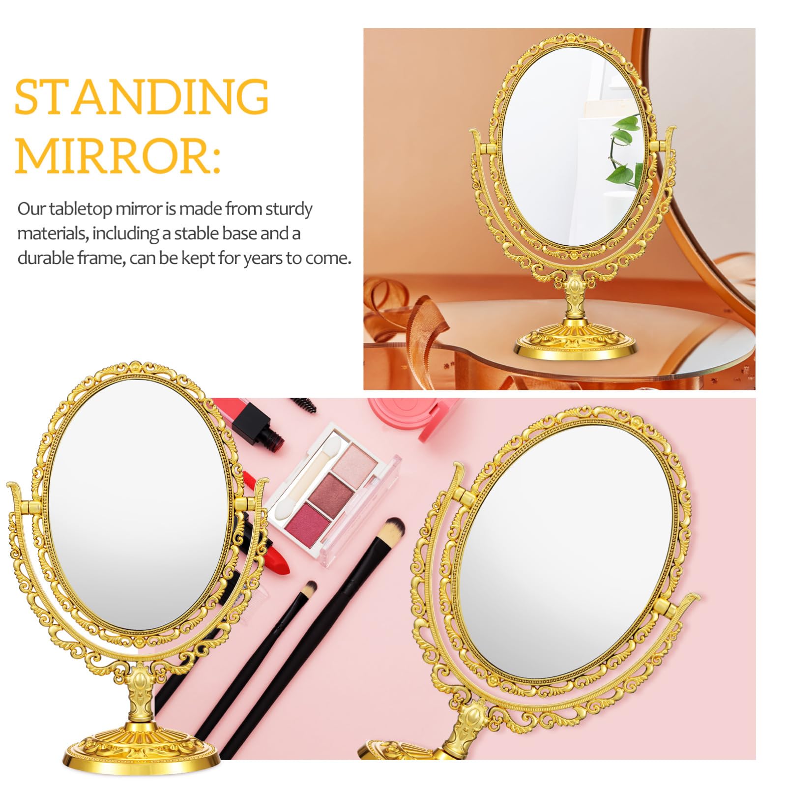 FOMIYES Gold Makeup Mirror Double-Sided Rotating Table Mirror Vintage Vanity for Bedroom Bathroom Desk Use - Image 2