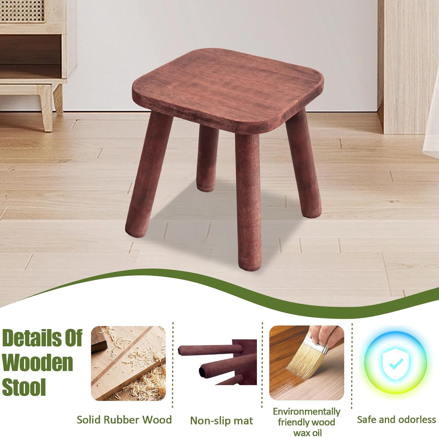 9.3" Non-Slip Wooden Step Stool - Compact & Sturdy, 300 Lbs Capacity, Easy Assembly for Bedroom, Bathroom, Kitchen (Rosewood Color)