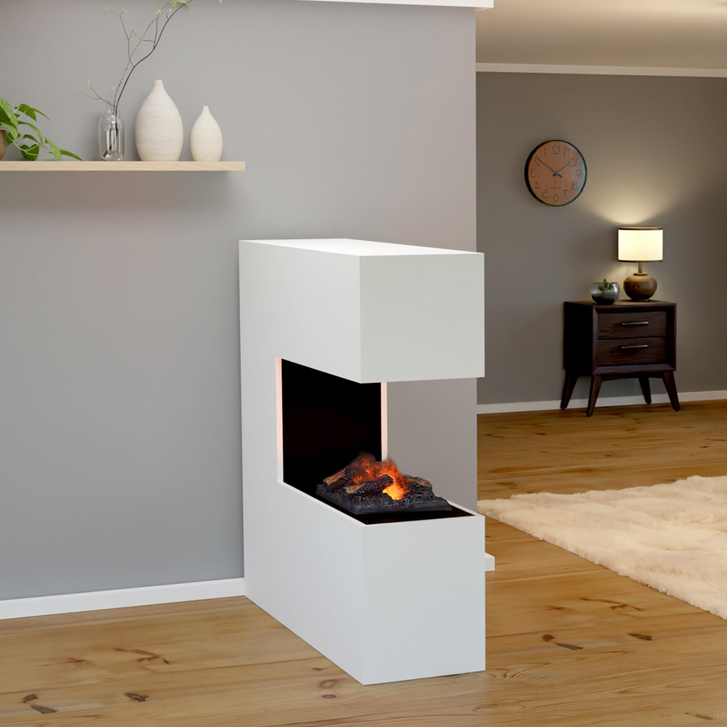 GLOW FIRE Kominek stojący na parę wodną SCHILLER - Elektryczny z realistycznym efektem 3D LED, trzaskiem, pilotem, 120x120x37 cm - Opti-Myst 500 z dekoracją drewnianą, Biały