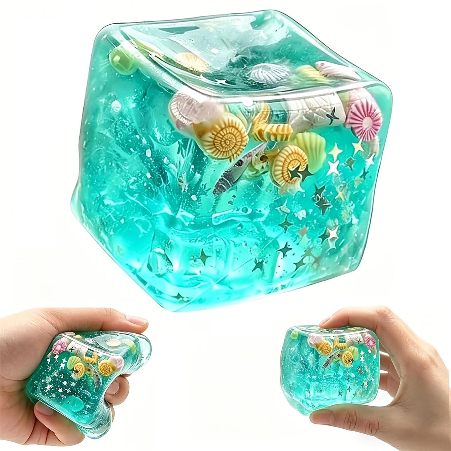 1 Pc Ice Cube Squishy Toy with Marine Shells, Slow Rising Sensory Squeeze Cube, Soft Ocean-Themed Fidget Toy for Kids and Adults, Mini Desk Toy, Party Bag Filler and Small Gift