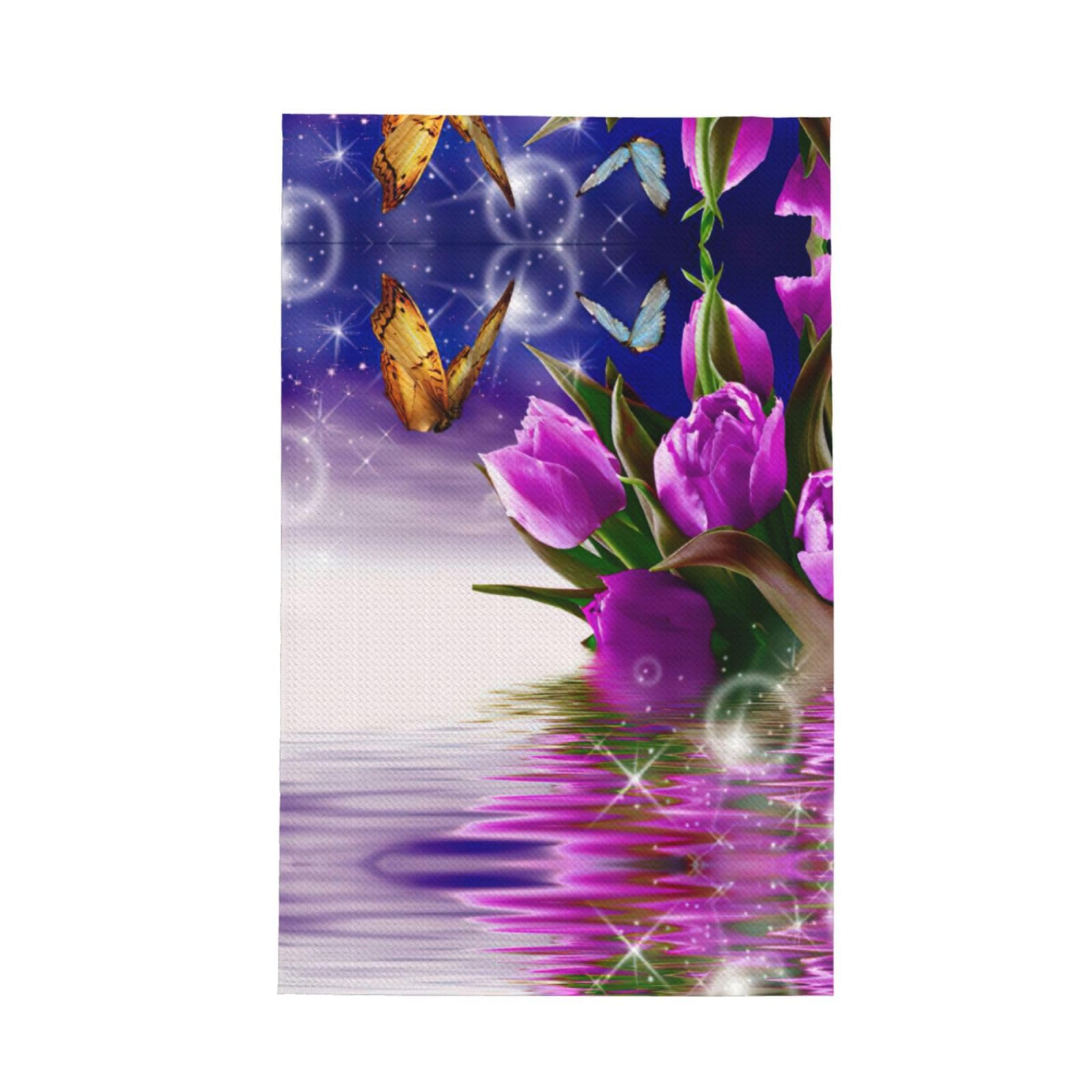 XXahnbm Purple Tulip Butterfly Print Waffle Kitchen Towel,Absorbent Hand Towel