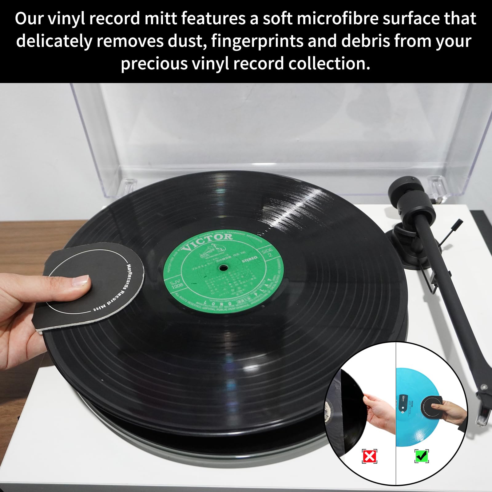 MayRecords Manopla limpiadora de discos de vinilo, 4 unidades, limpiador y protector de discos de vinilo antiestático, material de microfibra suave, accesorios para tocadiscos de mayordomo (negro)