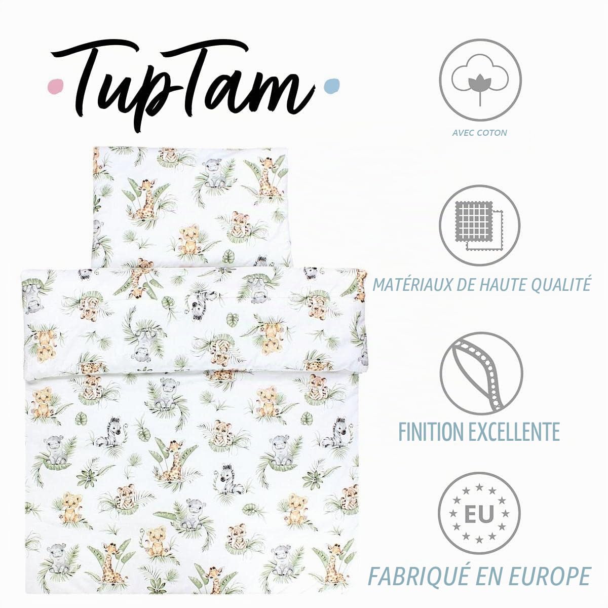 TupTam Enfants Couette à Motifs Set Couverture Toute l'année Couverture Oreiller Plat 2pcs., Safari/Lion/Marron/Feuilles/Vert, 135x100 cm
