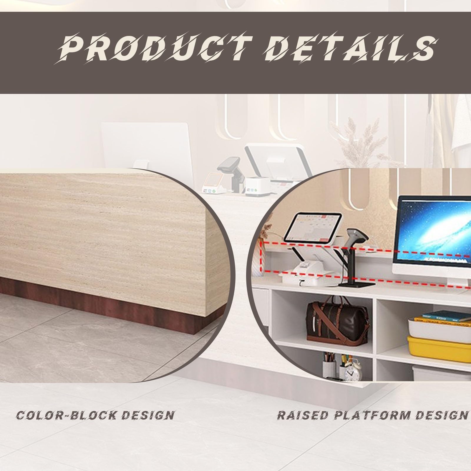 Empfangstheke mit Abschließbarer Schublade, Moderne Rezeption mit Ablagefächern und Großer Arbeitsplatte für Büro, Salon, Praxis und Geschäft(Beige+Brown,200cm)