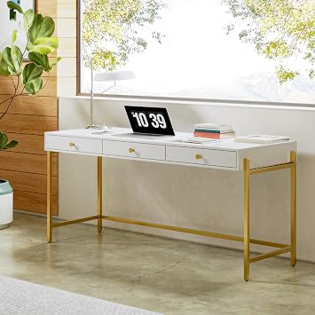HULALA HOME 62inches Writing Desk with 3 Drawers, Modern White and Gold Desk