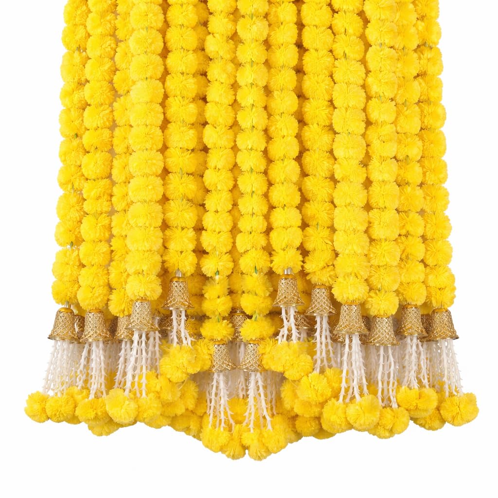 ZIG ZAG Artificial Marigold Flower Garland with Golden Bells (5pcs Pack) Marigold Mala Ideal for Diwali, Pooja, Birthday, Christmas Decorations,Wedding 5 Strings - 5 Ft Long (Yellow)