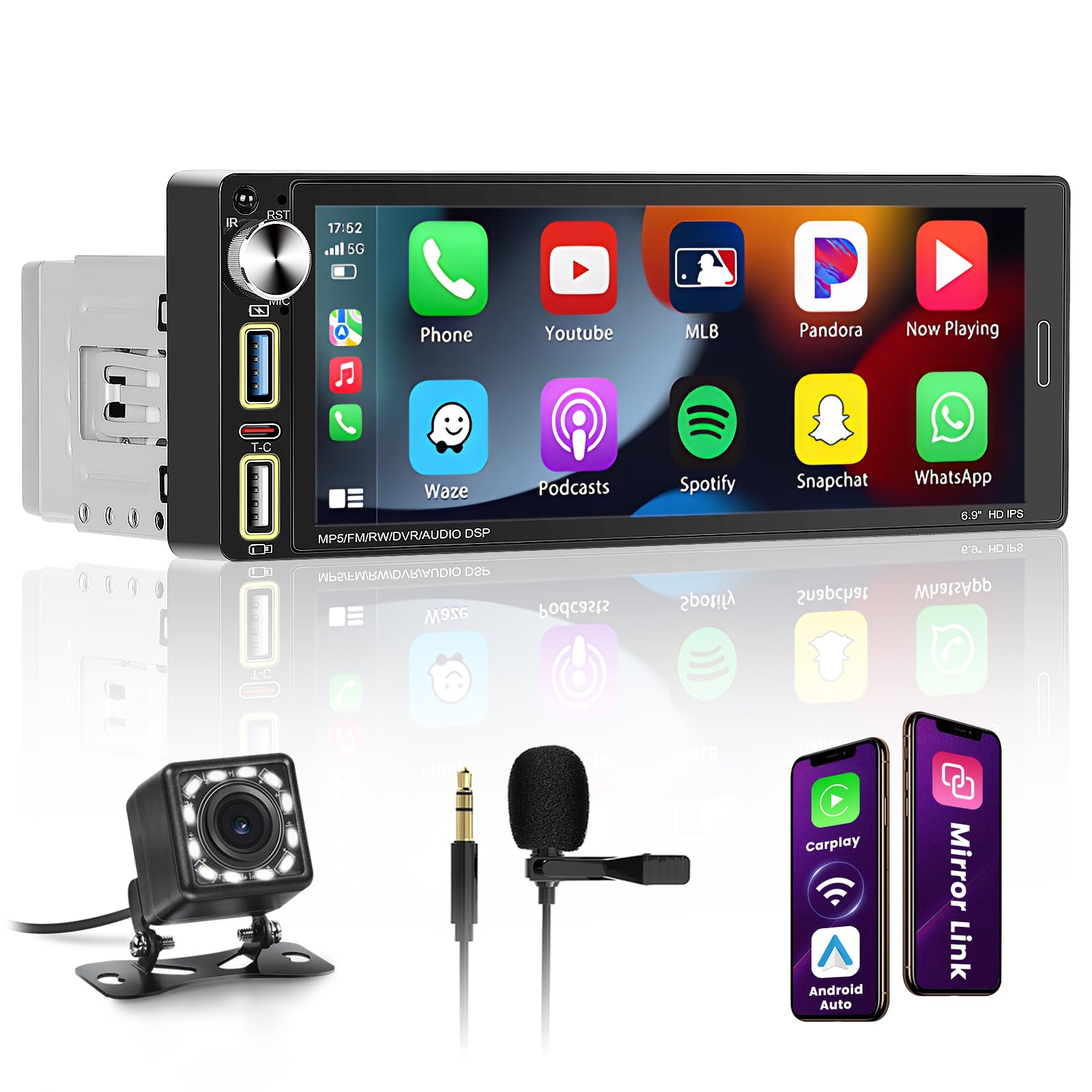 Hikity Wireless Carplay Autoradio 1 Din con 6.9 Pollici Schermo Touchscreen Radio Bluetooth 1 Din con Android Auto Bluetooth Vivavoce EQ FM 2USB SWC Mirror Link Telecamera Posteriore