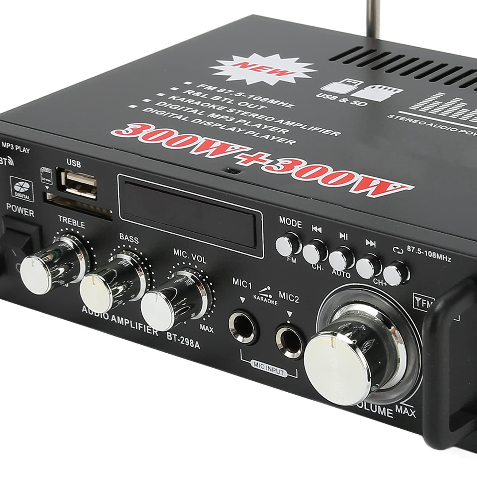 Amplituner Stereofoniczny o Mocy 80 W X 2 z funkcją, regulacją Tonów Niskich i Wysokich, Gniazdem Słuchawkowym, Pilotem i Ekranem LED (Wtyczka UE 220 V)