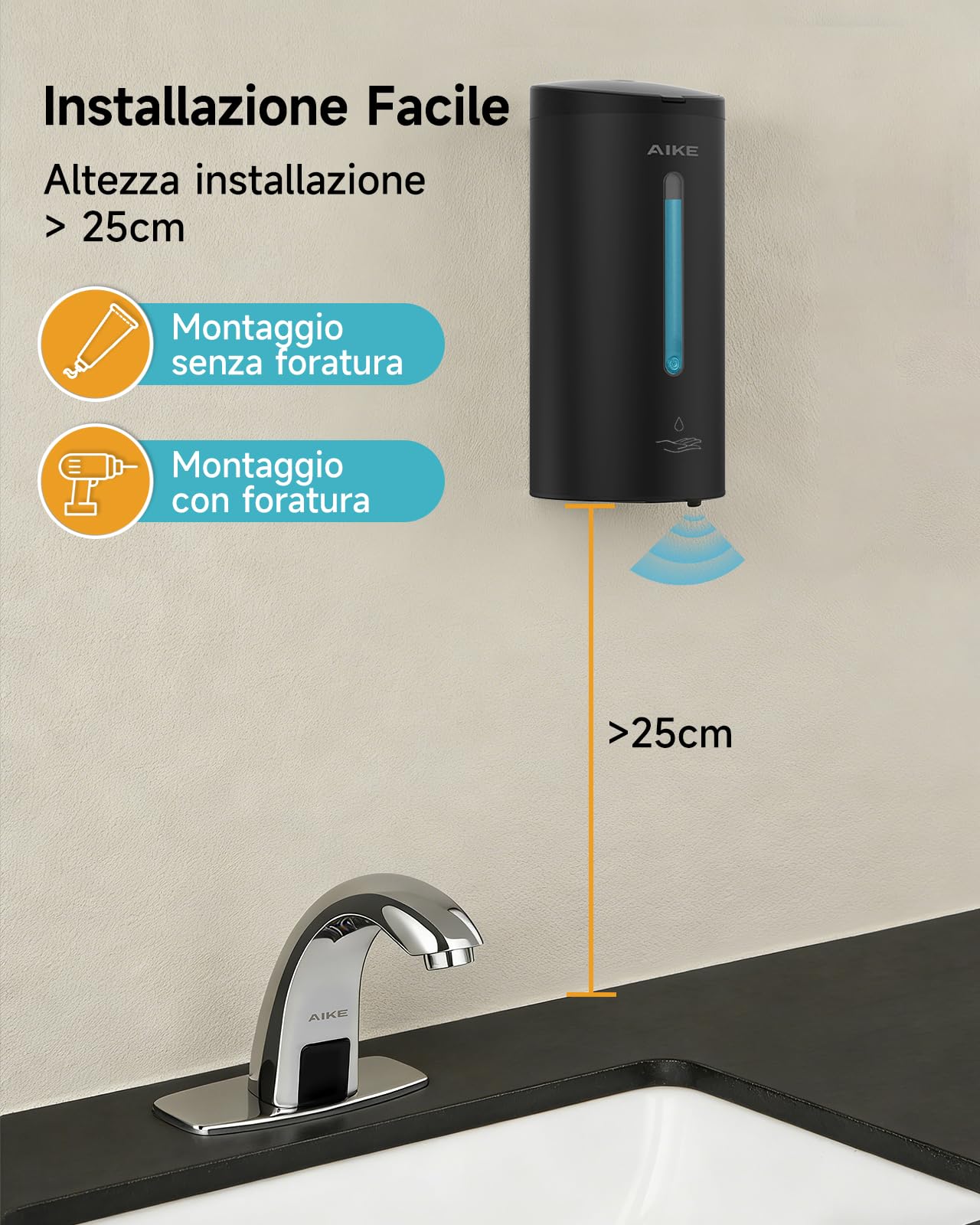 AIKE Dispensatore Automatico Sapone Classico,finitura Acciaio Inossidabile | Grande Capacità Da 740ML, Regolazione A Cinque Livelli, Distributore Di Sapone Liquido Impermeabile, Adatto Per Commerciale