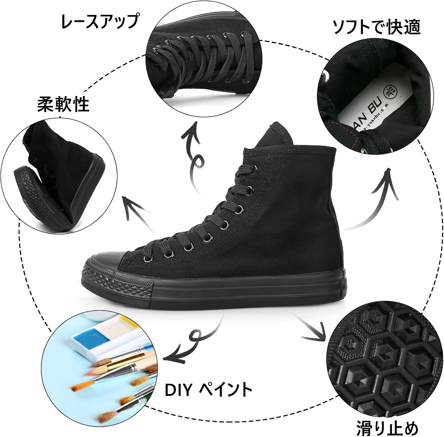 [Hanani] シークレットシューズ スニーカー キャンバス レディース ハイカット サイドジッパー レースアップ カジュアルシューズ 6.5CM 身長アップ インヒール内蔵のため 厚底 歩きやすい おしゃれ靴 春 秋 通勤 通学