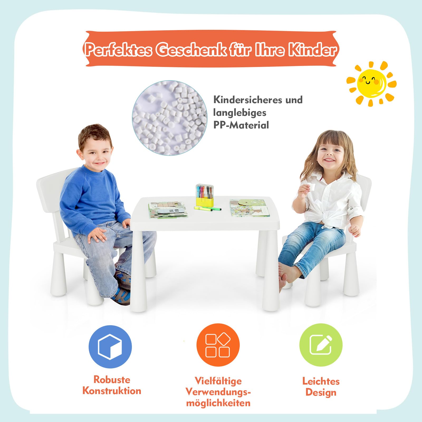 GOPLUS Kindersitzgruppe aus Kunststoff, Kindertisch mit 2 Stühlen, Stuhl mit Rückenlehne, mit Runden Kanten, für Junge und Mädchen, für Kinderzimmer (Weiß)