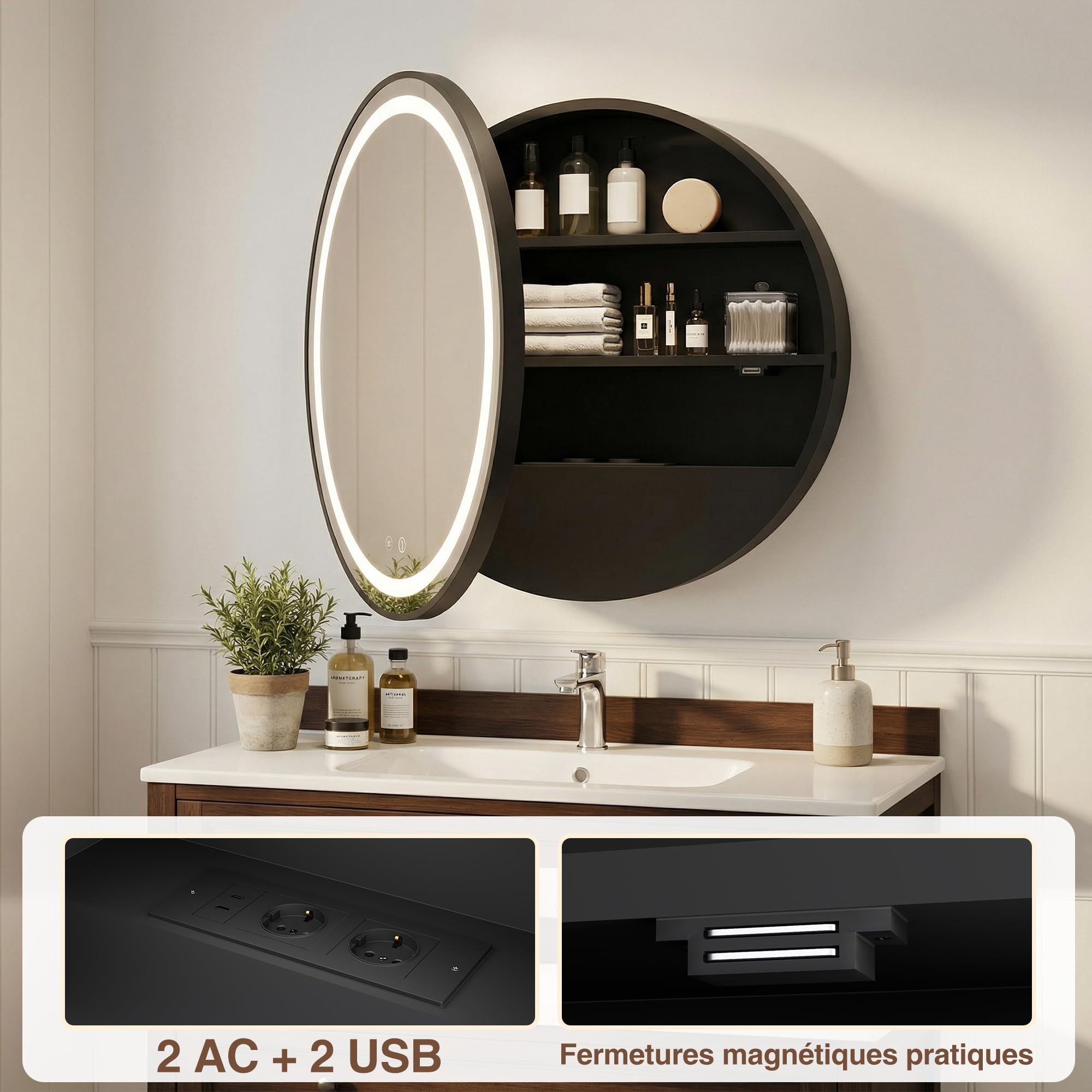 Armoire Miroir Salle de Bain avec Éclairage et Antibuée Murale Ronde Armoire de Toilette avec Miroir et Loupe grossissante 10x Noir 50x50 Meuble Salle de Bain avec Prise (Aucun Assemblage requis)