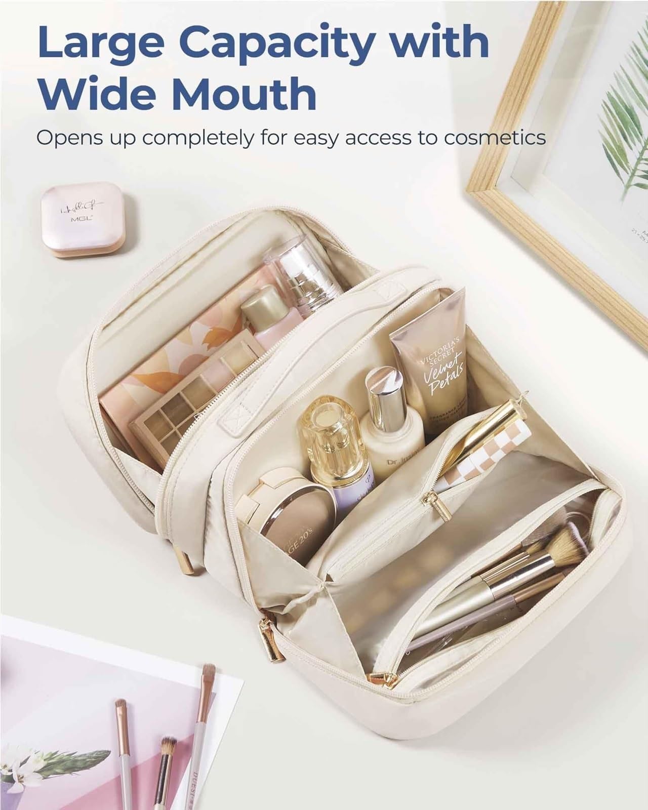 Kosmetiktasche Damen Reise-Kosmetiktasche, große Öffnung, tragbare Aufbewahrungstasche for Reiseutensilien for Damen Kulturbeutel(Beige)