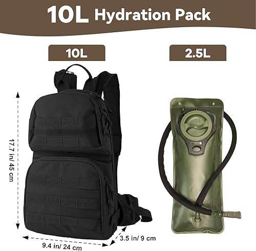 Miniatura 2 de Hydration Pack, 10L Water Backpack with 2.5L Water Bladder, MOLLE System for Outdoor Hiking, Biking, Running, Black