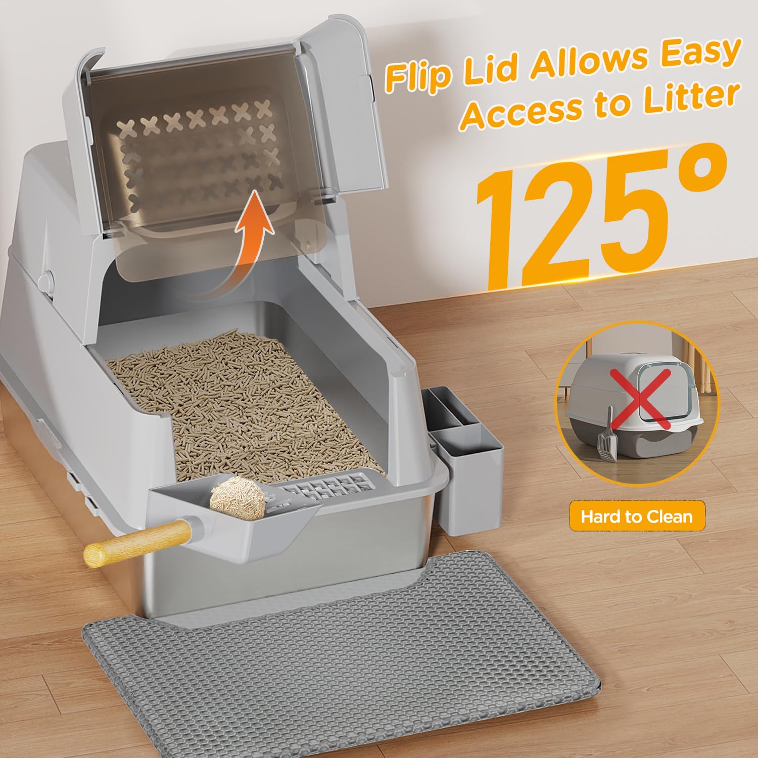 XXL Stainless Steel Litter Box with Lid, 27.5''x19.7''x19.3'', Modular Design & Flip Lid of Closed Metal Litter Box Fit All Cats, Covered High Sided Cat Box, Non-Sticky, Easy to Clean, Grey - image 4