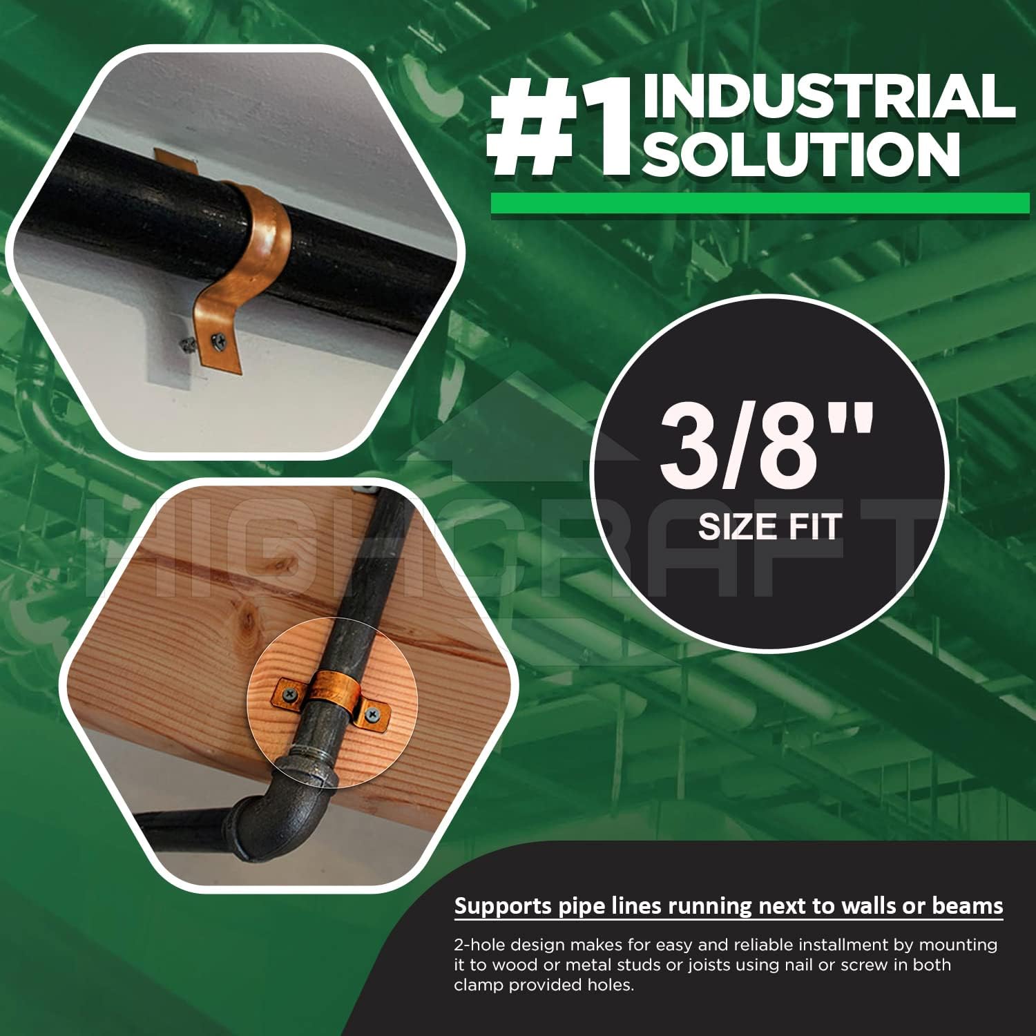 Highcraft QQT-DD38-100 Two-Hole Pipe Strap U Bracket, 3/8 Inch, Copper Coated Steel -100 Pack