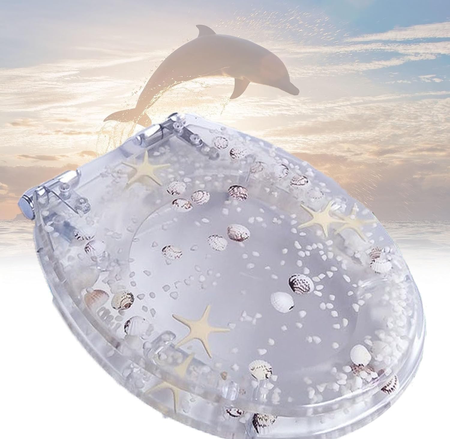 Siège de toilette en résine transparente à thème océanique - couvercle lourd à fermeture lente avec conception transparente de coquillages, charnières en acier inoxydable (Transparent)